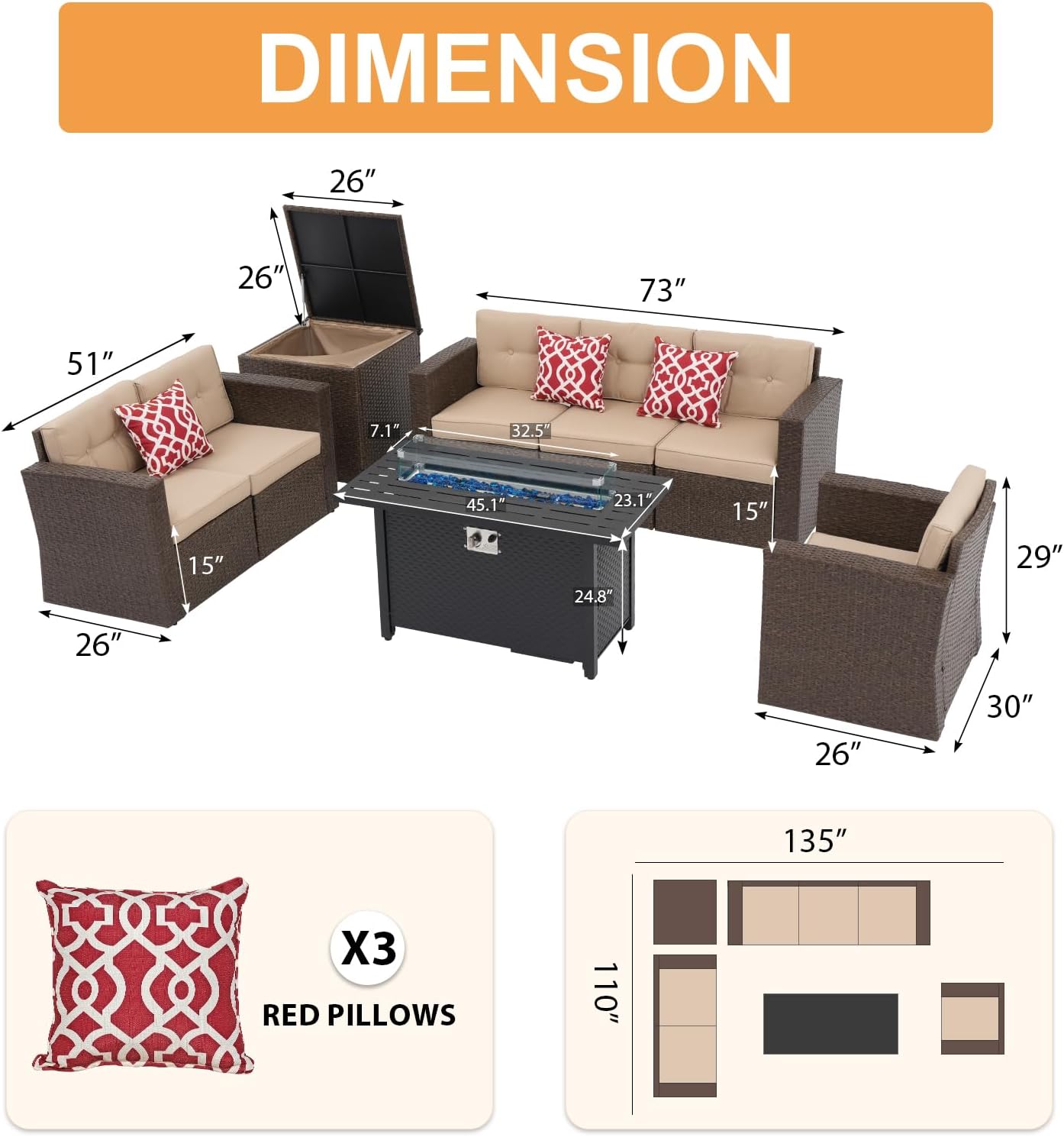 Super Patio 8 Pieces Outdoor Patio Furniture Set with 45” Fire Pit Table, Rattan Patio Conversation Sets with 50000 BTU Gas Fire Pit, Wicker Sectional Sofa Set with Storage Box, Brown(Without Table)