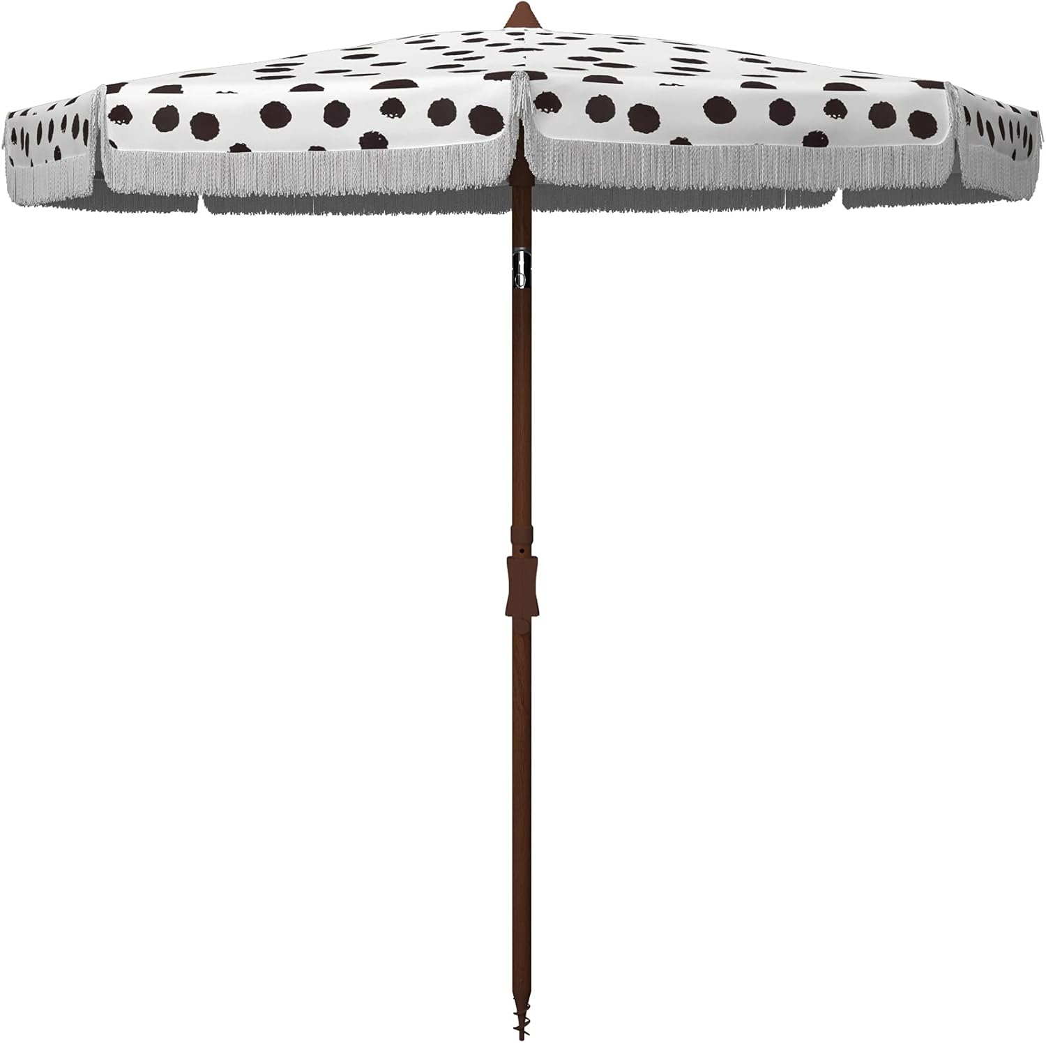SAFAVIEH 6.5ft Outdoor Patio Umbrella, Round, Sydney Collection, White & Black, Polka Dot Print, Fringe Trim, Button Tilt, UV Resistant for Deck, Backyard, Poolside (PAT8502A)