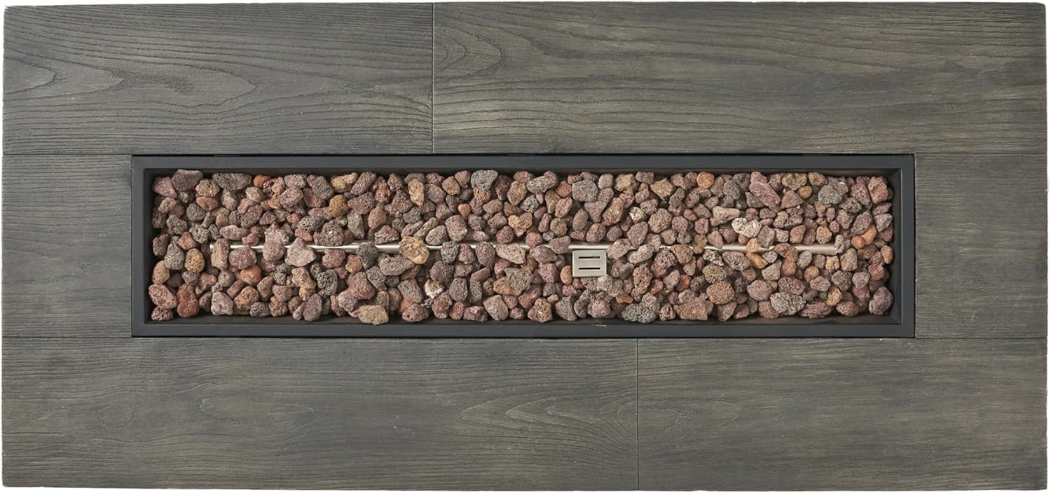 Outdoor Propane Fire Pit Table for Outside Patio, 56 Inch Concrete Fire Pit Table, Rectangle Gas Fire Pit for Garden, Pool, Backyard, 50,000 BTU, Free Lava Rocks, Gray Wood Pattern