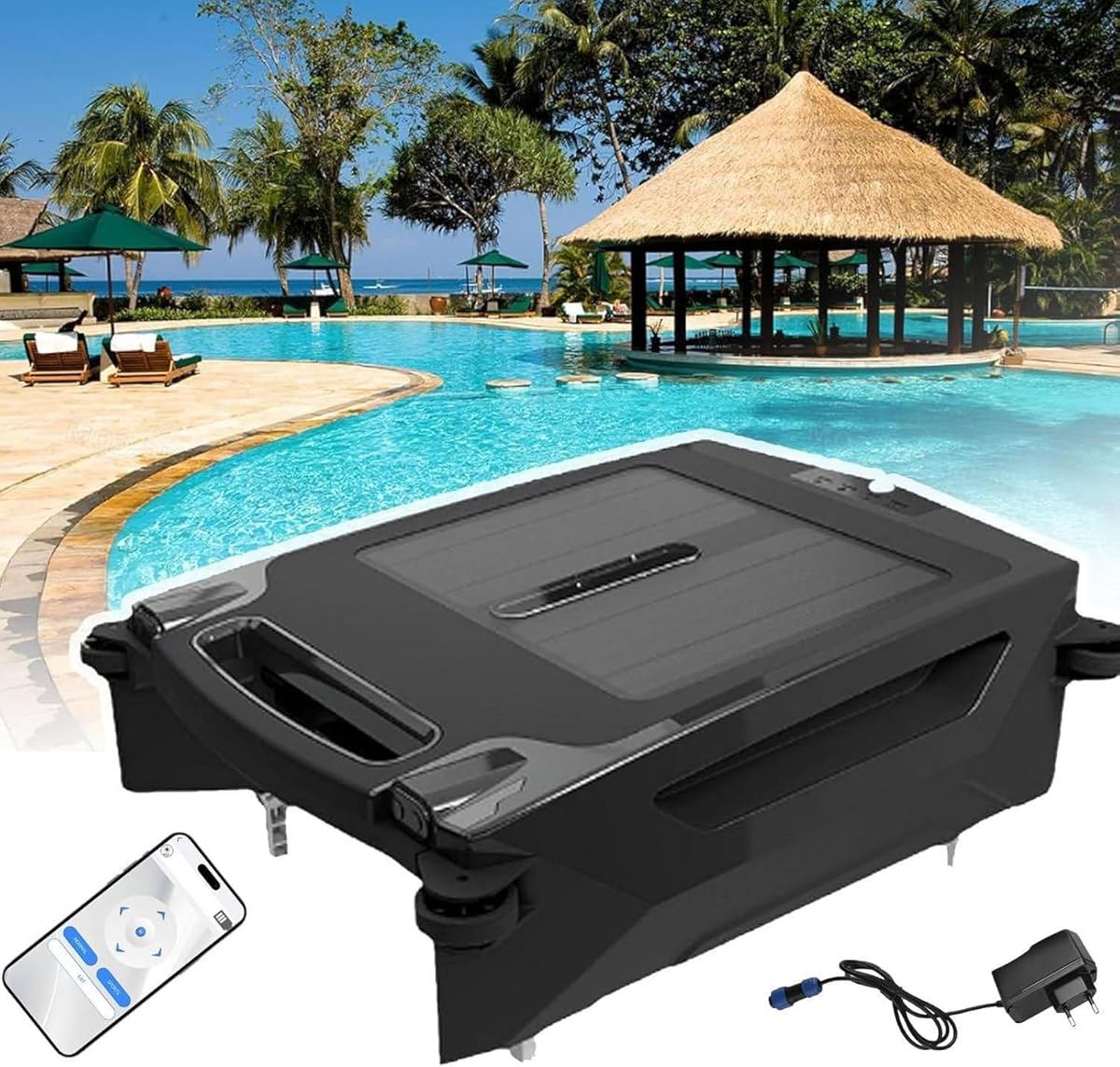 Robotic Solar Pool Skimmer Cleaner, Solar Powered Automatic Robotic Pool Surface Skimmer Cleaner with Dual Charging Mode ＆ Smart Obstacle Avoidance, for Pools up to 1076 Sq/Ft