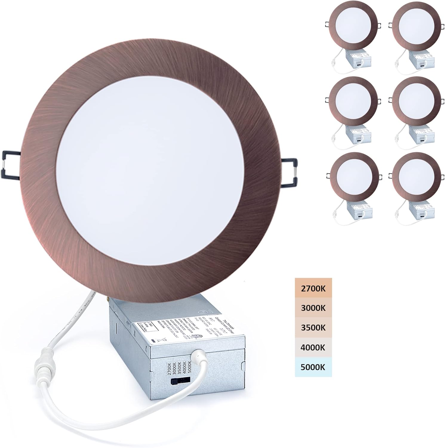 Premium LED Canless Recessed Downlight Ultra-Thin 5 CCT Adjustable Ceilling Light with Junction Box, 12W Color Temperature Selectable Lighting Fixture, Dimmable, 6 Pack, Oil Rubbed Bronze