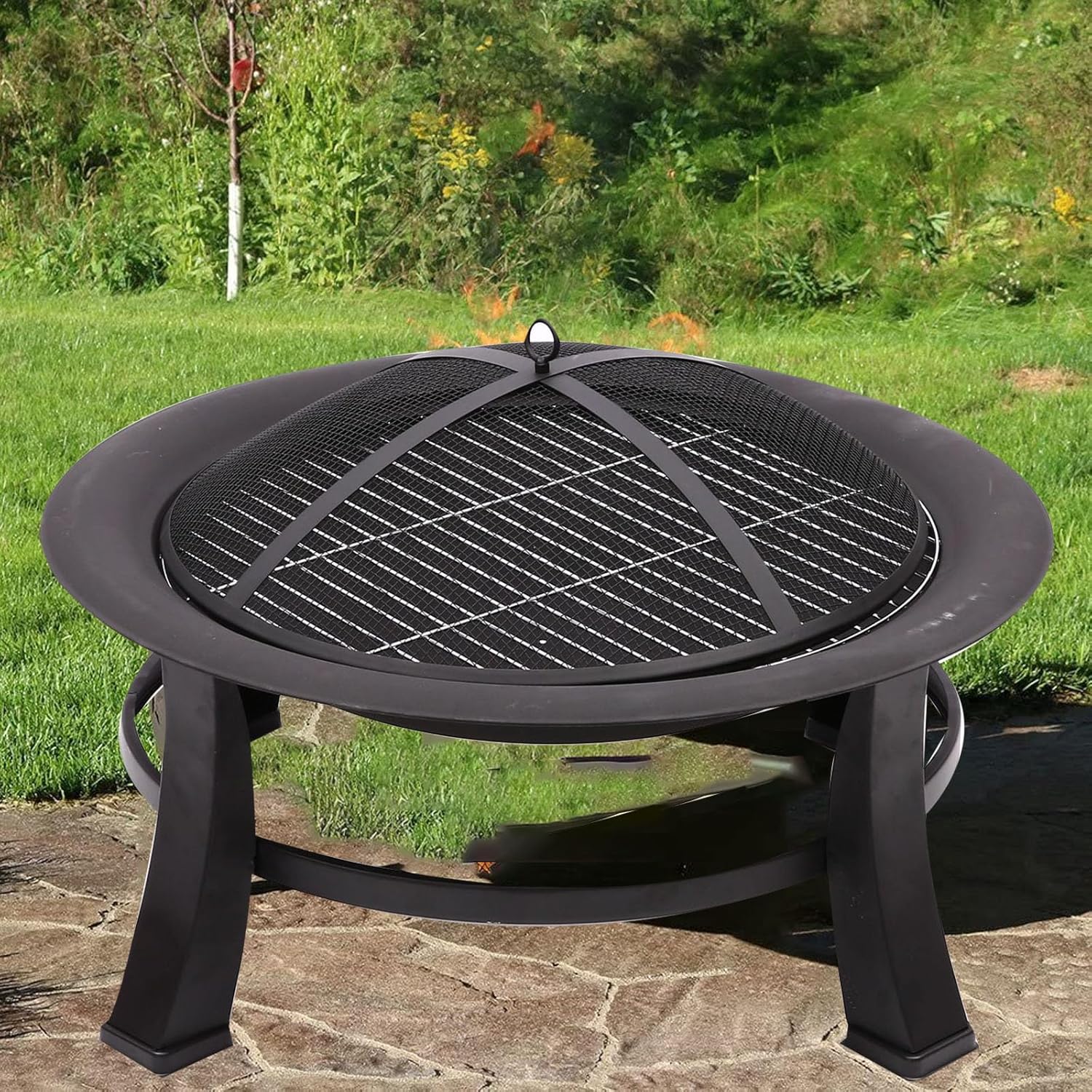 Outdoor Fire Pit Wood Burning Fire Pits for Outside with Lid & Fire Poker, with Cover Lid, Steel Round Table for Backyard Bonfire Patio Picnic