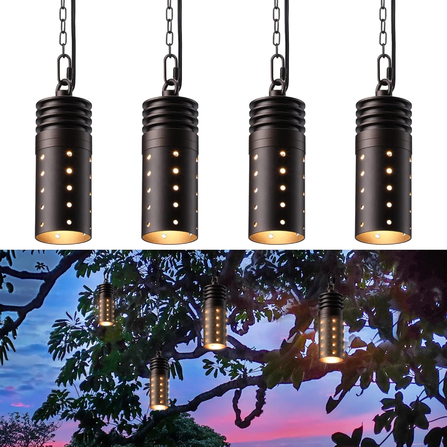 LEONLITE Low Voltage Hanging Lights Outdoor, LED Landscape Pendant Lights, UL Listed, 12V Hanging Tree Light for Gazebo, Pergola, Garden, Aluminum, IP65, 2700K Soft White, Oil Rubbed Bronze, Pack of 4
