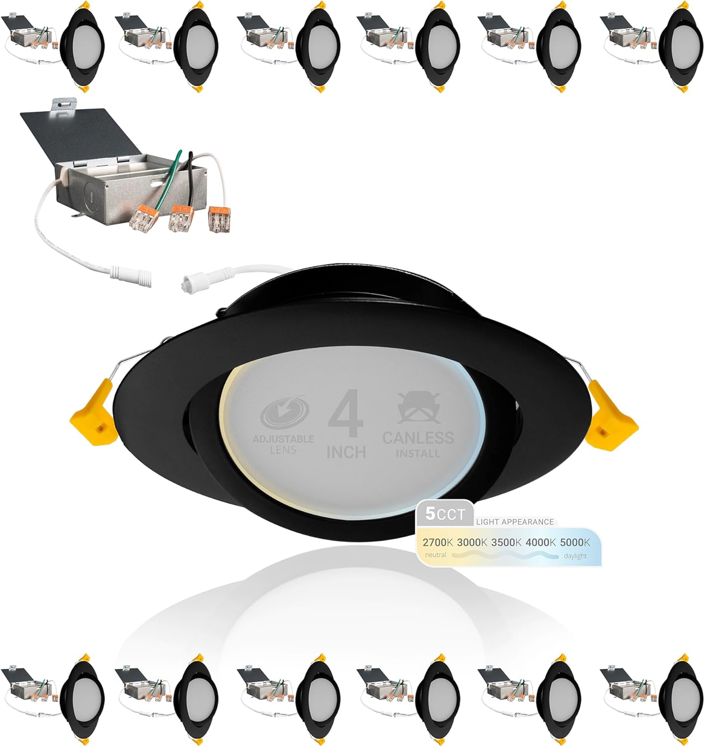 NuWatt 12 Pack, 4 Inch Black Gimbal LED Recessed Lighting, 2700K/3000K/3500K/4000K/5000K Selectable, 630LM, Dimmable, Damp Rated, Canless Adjustable Directional Lights for Sloped Ceilings, Metal J-Box