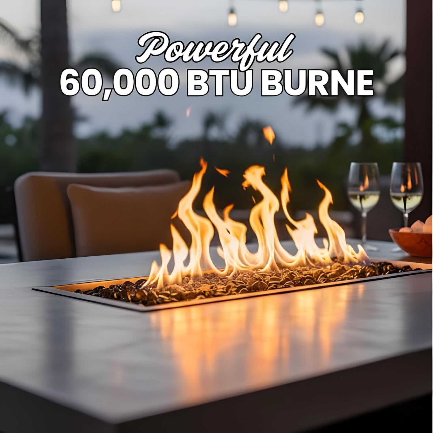 COOKE Palisades Rectangular Fire Pit Table - 52x36 - Chat Height - Natural Gas - Brushed Aluminum Top with 3cm Edge - Bronze Powdercoat Base