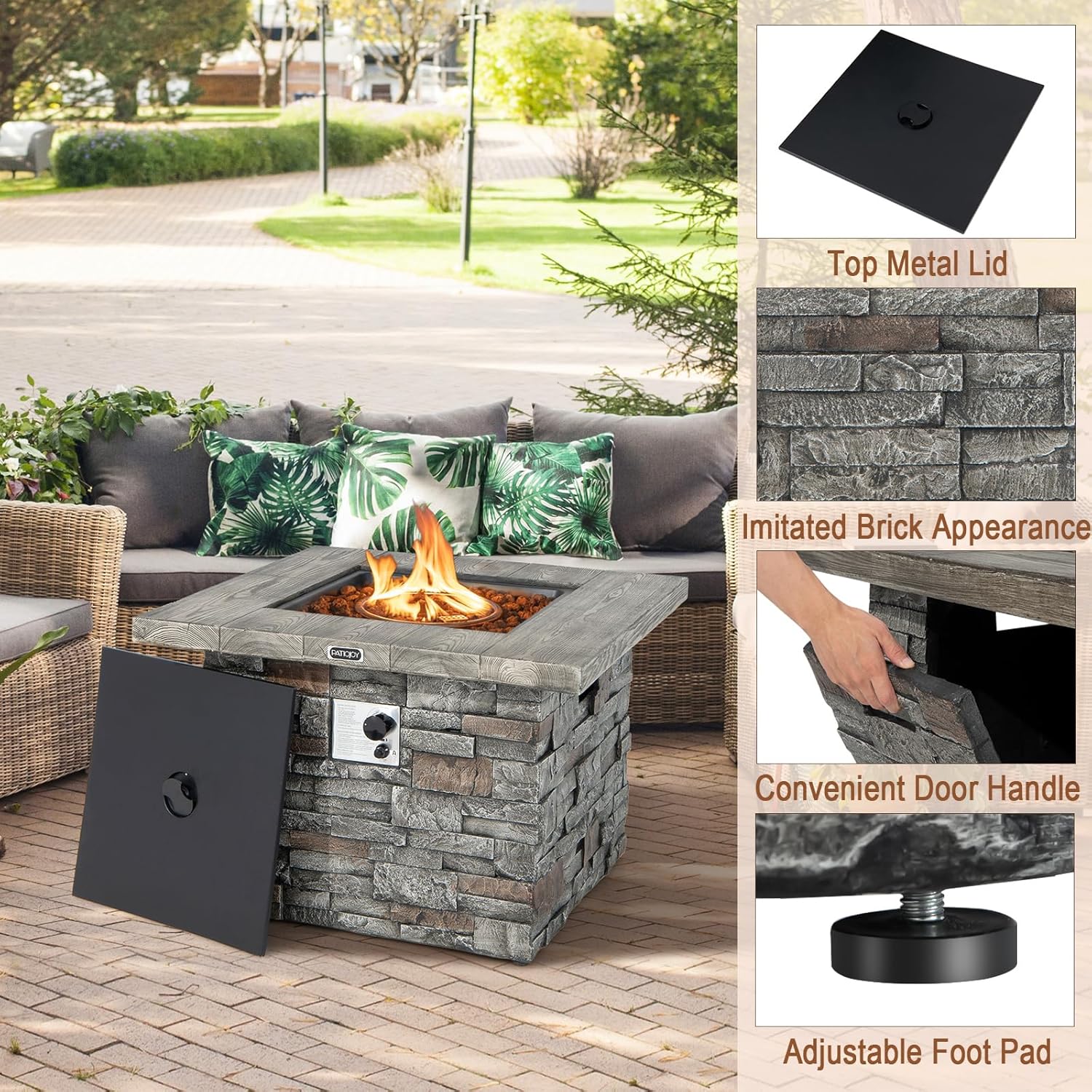 Tangkula 34.5 Inch Faux Stone Propane Fire Pit Table, Patiojoy Square Gas Fire Pit with Metal Lid, Lava Rocks, Stainless Steel Burner & PVC Cover, 50,000BTU Outdoor Fire Table