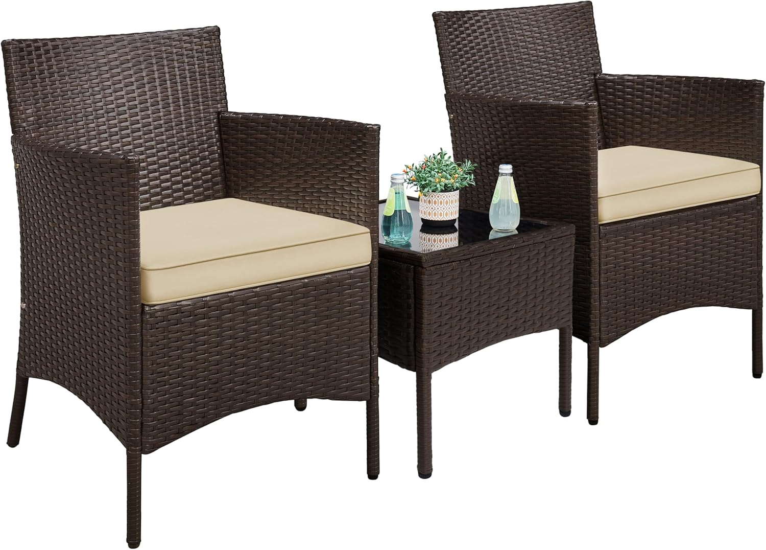 Yaheetech 3 Pieces Patio Porch Furniture Set, Outdoor PE Rattan Wicker Conversation Set with Soft Cushions, Glass Coffee Table & 2 Chairs for Garden/Deck/Courtyard/Poolside, Brown/Khaki