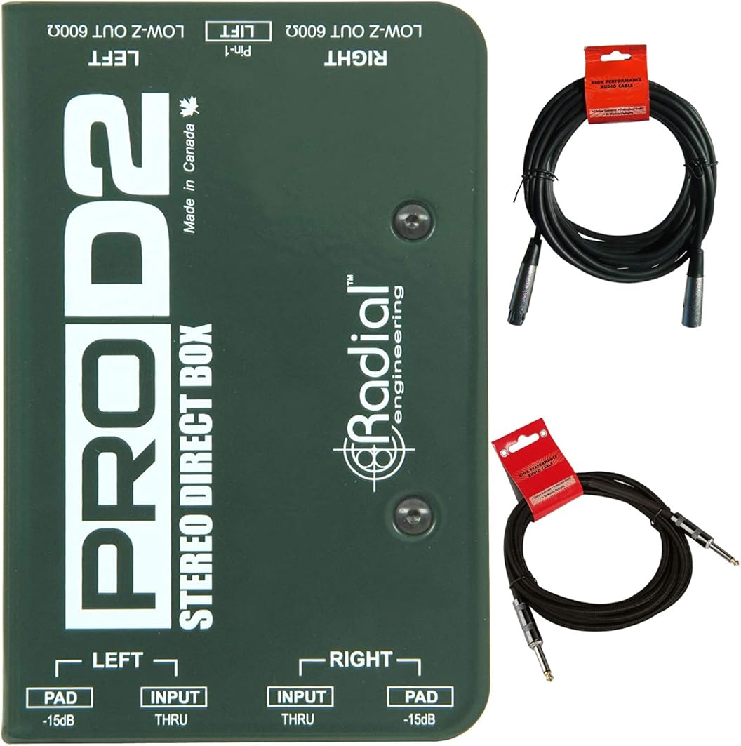Radial ProD2 Passive 2 Channel Instrument Direct Box Passive Stereo DI with Isolation Transformer, 15dB Pad and Lift Switch with Senor Microphone Cable and Instrument Cable