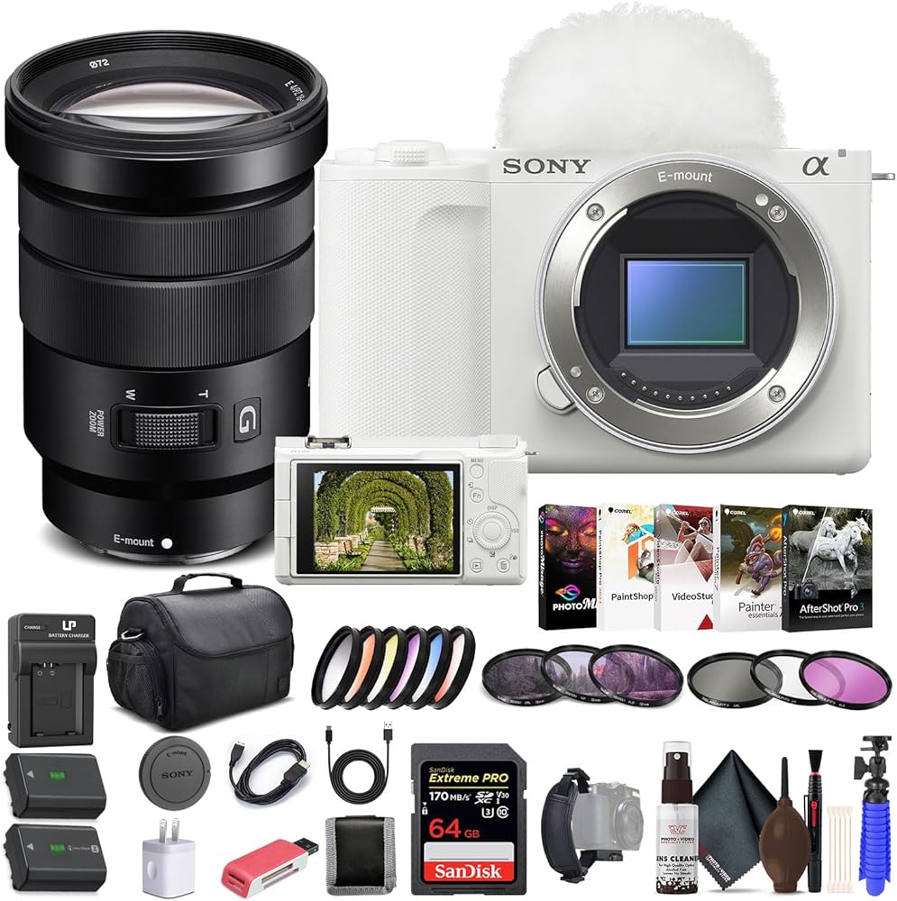 Sony Alpha ZV-E10 II Mirrorless Camera (Body Only, White) (ZVE10M2KW), Sony 18-105mm Lens, 64GB Memory Card, Color Filter Kit, Filter Kit, Photo Software, Bag, NP-FZ100 Battery, More