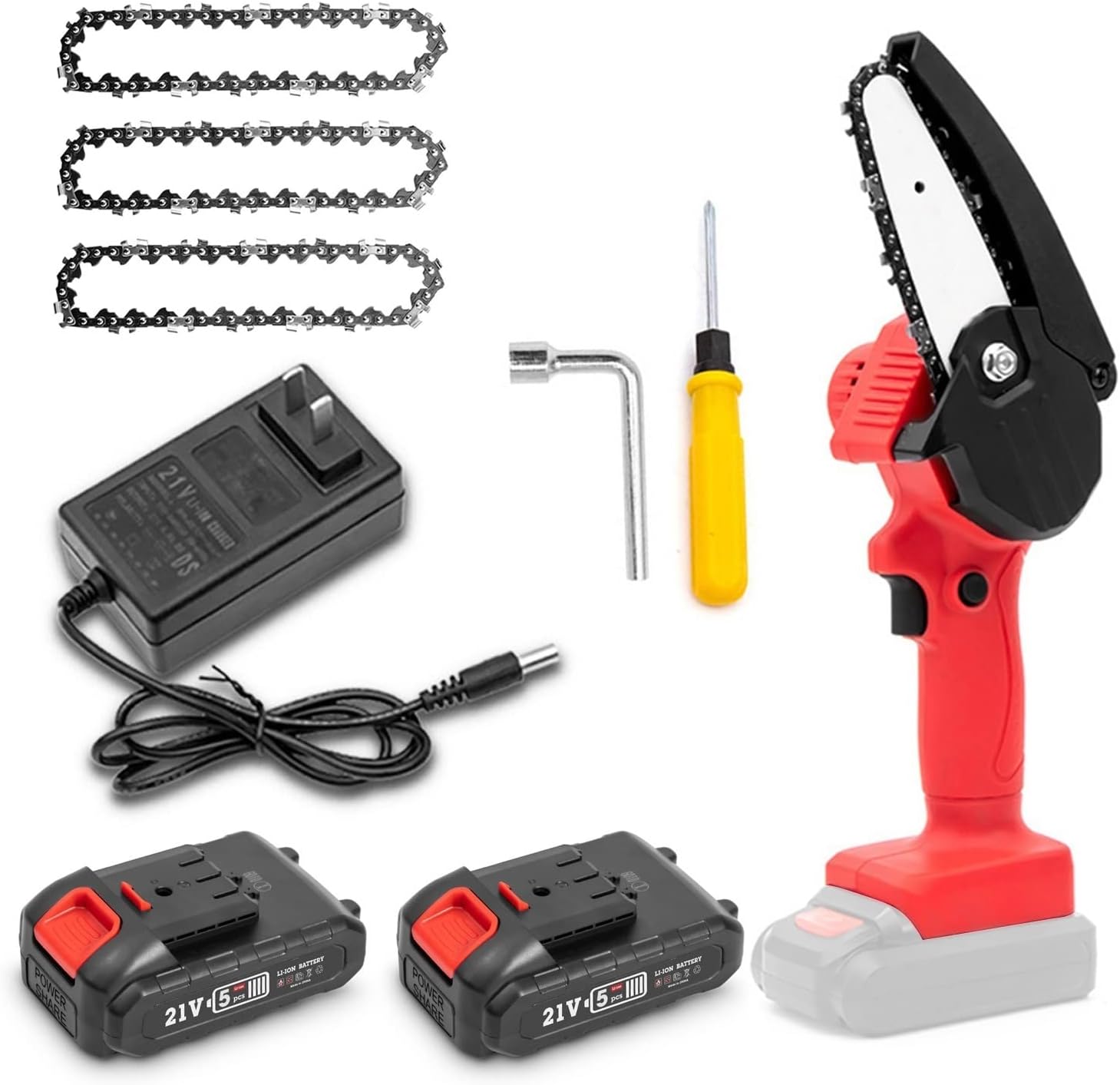 Mini Chainsaw 4-Inch Battery,Cordless Power Chain saws with Security Lock,with 1500mAh 21V 1.5Ah 2 Batteries Powered Kit and 4Pcs Chains,for Tree Trimming Wood Cutting