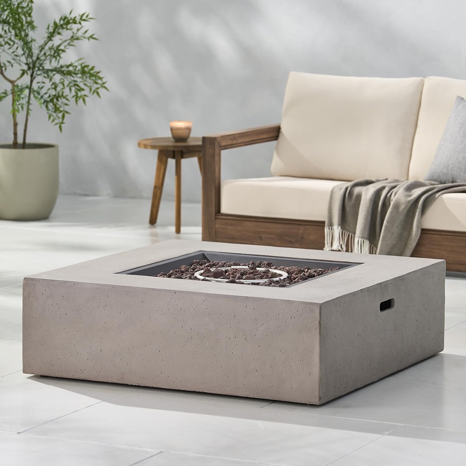 Penau 50,000 BTU Square Outdoor Fire Table, Light Grey Magnesium-Oxide Stone-Look, Propane Fire Pit Table with Lava Rock Basin, 40 x 40 x 12.5 Inchs