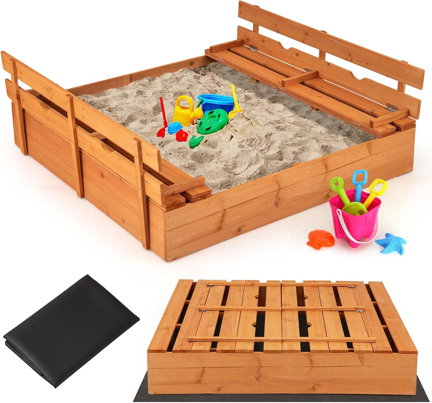 HONEY JOY Sandbox with Cover, 47x47 in Cedar Bottomless Sandpit for Backyard Deck Patio Lawn, 2 Foldable Bench for Sand Protection, Square Wooden Sand Boxes for Kids Outdoor with Lid