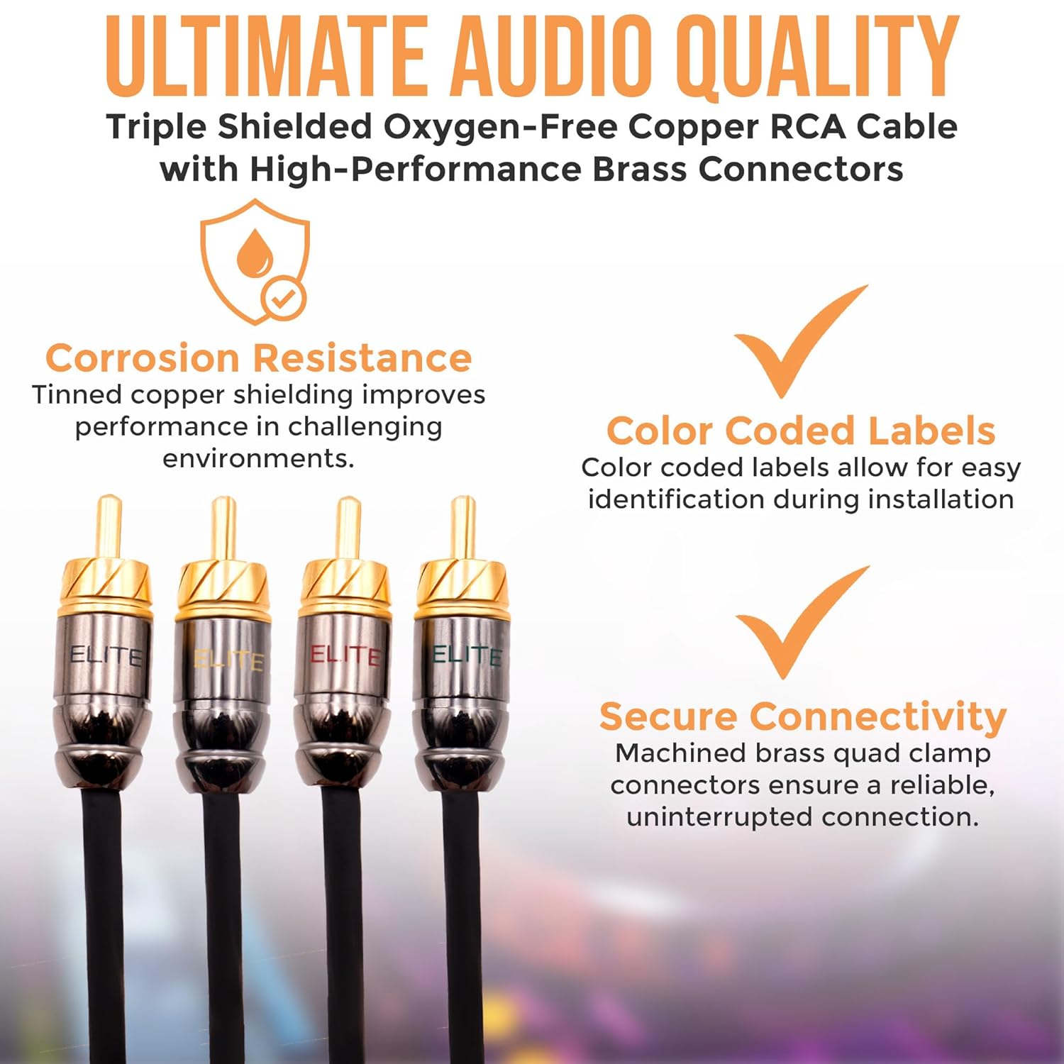 Elite Audio Pro Series 20ft. 4-Channel Car Audio RCA Cable - Triple Shielded, Brass Connectors, Oxygen Free Copper Noise Reducing Audio Cable for Amplifiers Subwoofers Speakers and Processors – PRO420