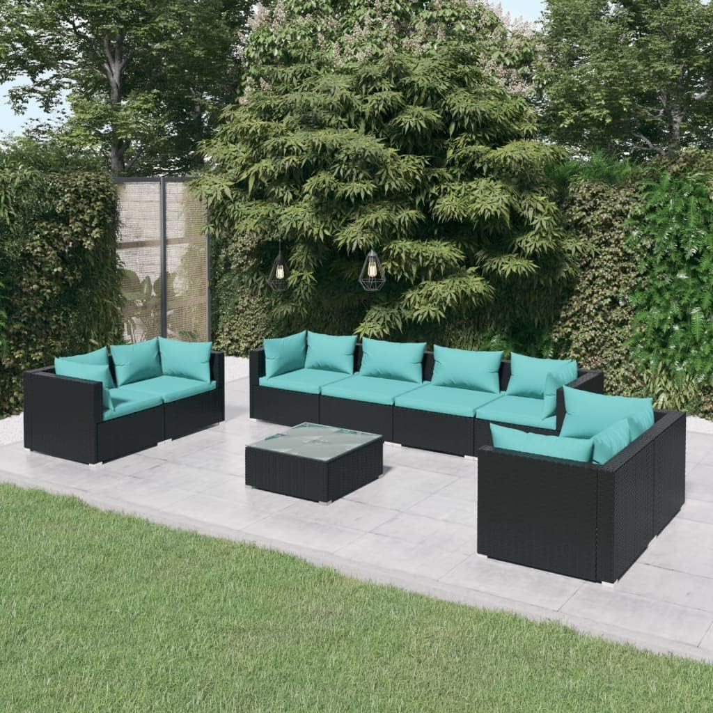 Furniture Sets 9 Piece Patio Lounge Set with Cushions Poly Rattan Black,Modern 6Piece Patio Lounge Set: Durable and Comfortable Outdoor Furniture for Relaxation Garden Conversation Sets