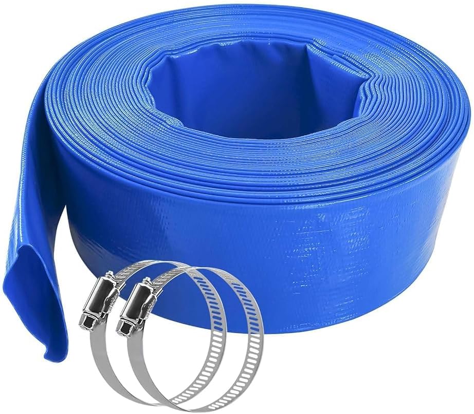 Lay-Flat Backwash Hose, Heavy-Duty PVC Flat Pool Discharge Hose with 2 clamps, Weather and Burst Resistant Swimming Pool Accessories for Swimming Drain Pools (Small（1.5 inches，20m）)