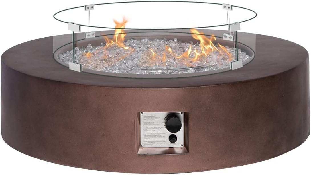 HOMPUS Propane Patio Fire Pit Table with Wind Guard, Fire Glass and Rain Cover for Outdoor Leisure Party, 50,000 BTU 42-inch Round Bronze Concrete Fire Table