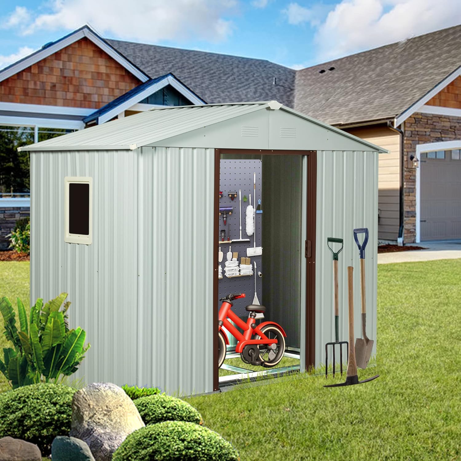 8×4 FT Outdoor Galvanized Metal Storage Shed with Window and Integrated 4 Punched Vents,Large Garden Shed W/Sliding Doors and Padlock,Waterproof Tool Sheds for Backyard Patio Lawn,White