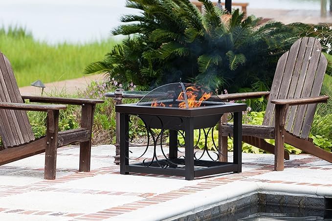 Fire Pit Cocktail Square Table Wood Burning Steel Mesh Spark Screen Wood Grate Screen Lift Steel Firepit with Log Storage Rack - Hammer Tone Bronze Finish