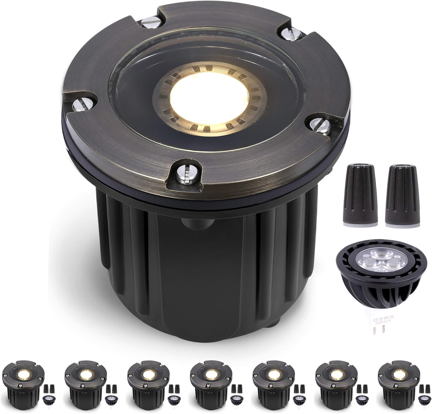 Gardenreet Low Voltage Brass Well Lights - 12V In-Ground LED Weatherproof Fixture, Hardwired Replaceable Bulb Fixture, Antique Bronze for Tree Wall House with 2700K Warm White MR16 Bulb