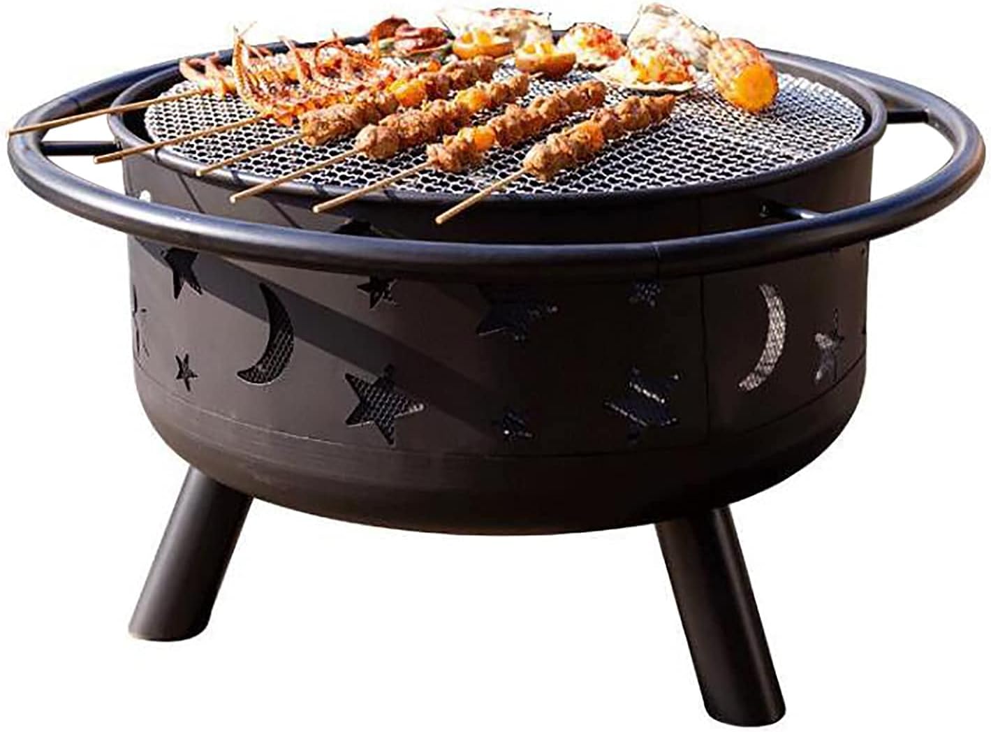 Backyard Patio Garden Fireplace for Campfire Bonfire with Spark Screen Cover,Poker,Fire Pit Cover,Grill Great for Outdoor and Patio,Moon Star