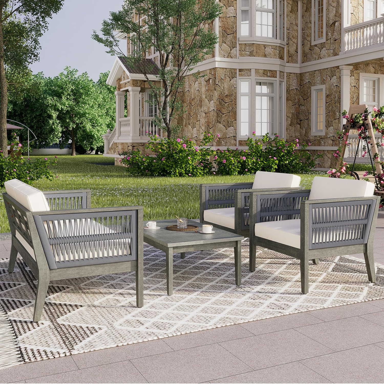 4 Pcs Wood Patio Furniture Set, Outdoor Furniture with Coffee Table, Patio Conversation Set Deep Seating with Soft Cushion, Porch Chairs for Garden, Backyard Porch Balcony, Grey Beige