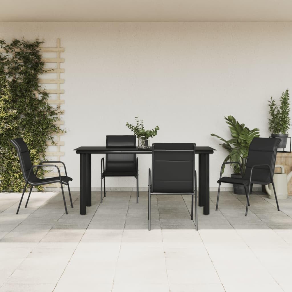 5 Piece Patio Dining Set Black Steel and Textilene,Elegant Outdoor Dining Set with Tempered Glass Tabletop and Comfortable Textilene Chairs Furniture Sets for Patio, Lawn & Garden