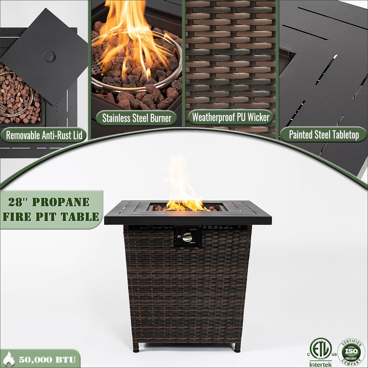 Outdoor Propane Gas Fire Pit Table, 50,000 BTU, 28-inch Square, Black Steel Top with Brown Wicker Base