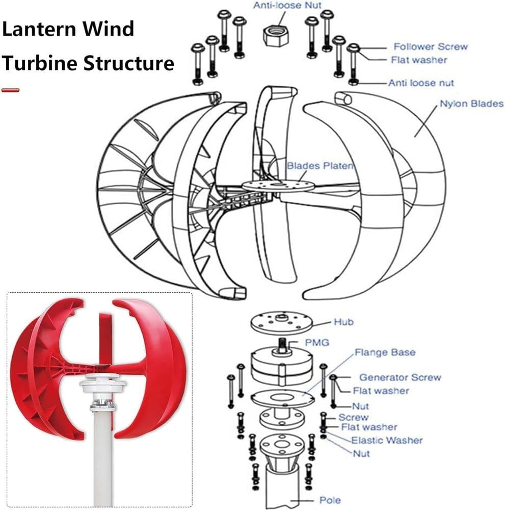 8000W Vertical Wind Turbine Generator with 5 Blades, Red Wind Motor for Garden & Boat Controller Power Producer Equipment