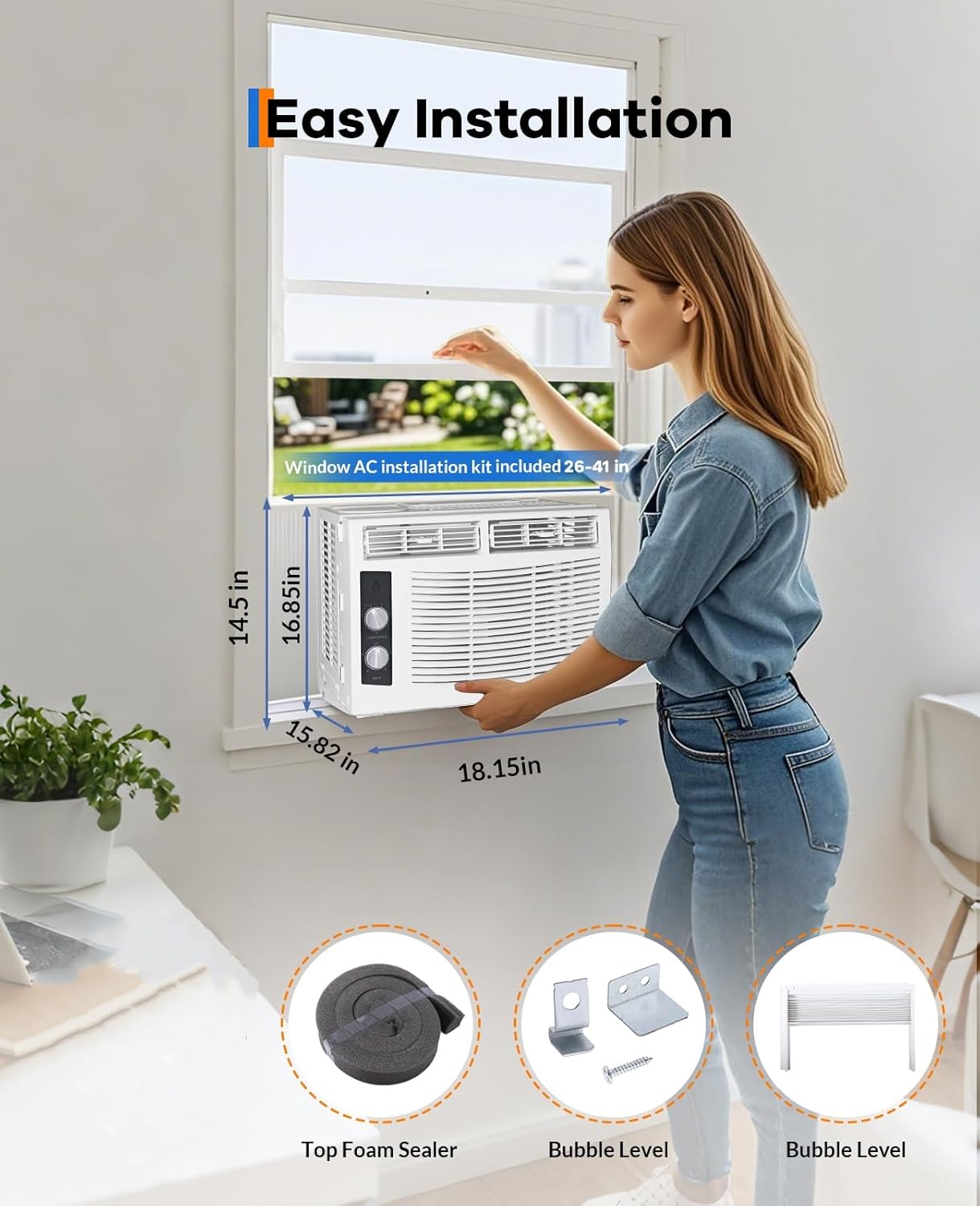 5000 BTUs Window Air Conditioner, Smart Window Air Conditioner Unit Cooling for 150 Sq.Ft, Mechanical Control Panel, Quiet 50dB, Includes Window Kit, 115V/60Hz, White