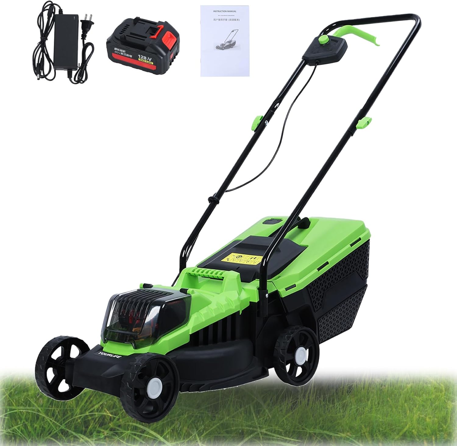 Electric Lawn Mower, Cordless Push Mower with Brushless Motor, 32cm Blade, 1600W Power, 3600RPM Speed, 3 Adjustable Heights, 30L Grass Bag, Ergonomic Foldable Handle (Green)