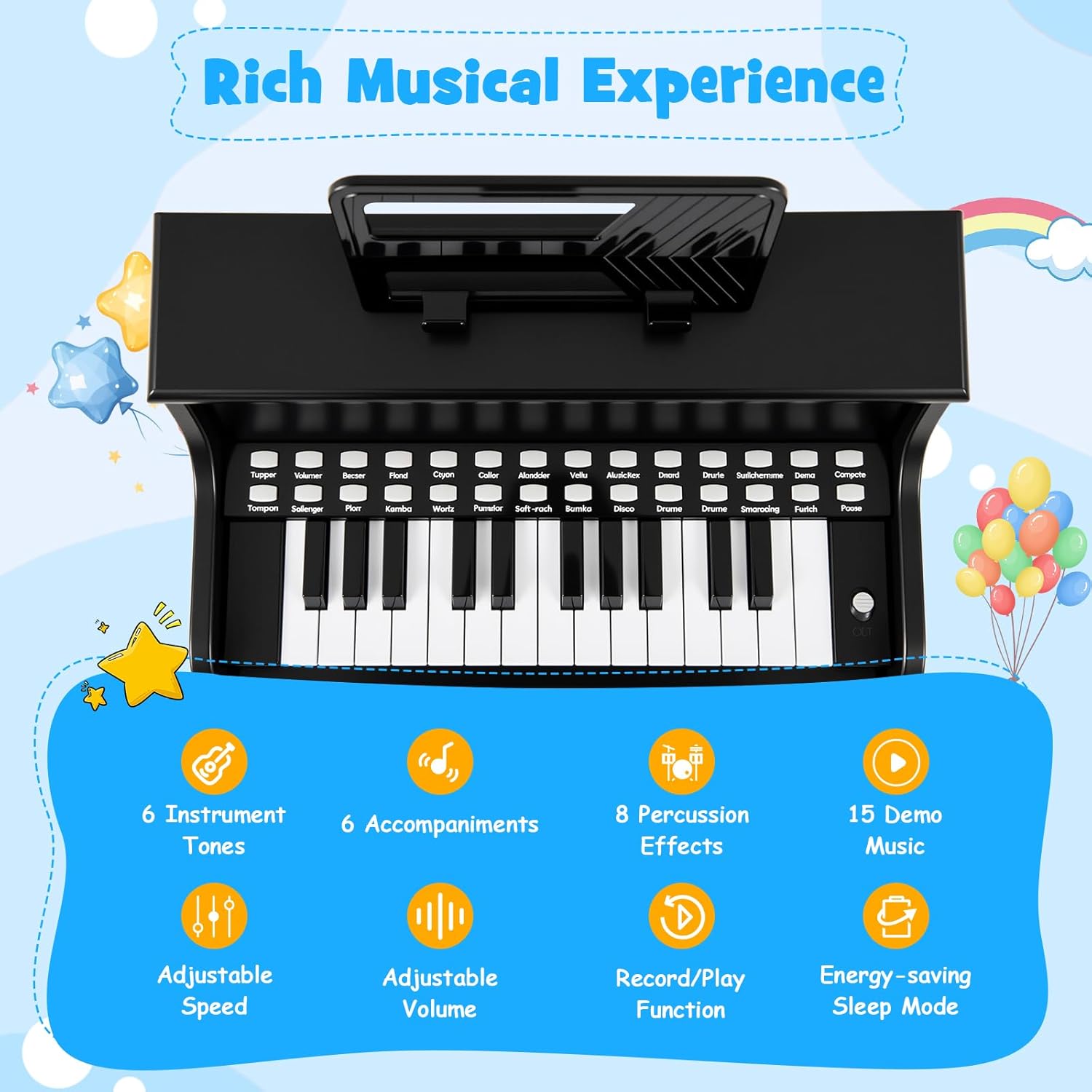 Costzon 25 Keys Kids Piano Keyboard, Mini Digital Piano Wooden Toy w/ Adjustable Speed & Volume, Teaching Mode, Removable Music Stand, Educational Music Instrument for Kids Aged 3+ (Black,with Stool)