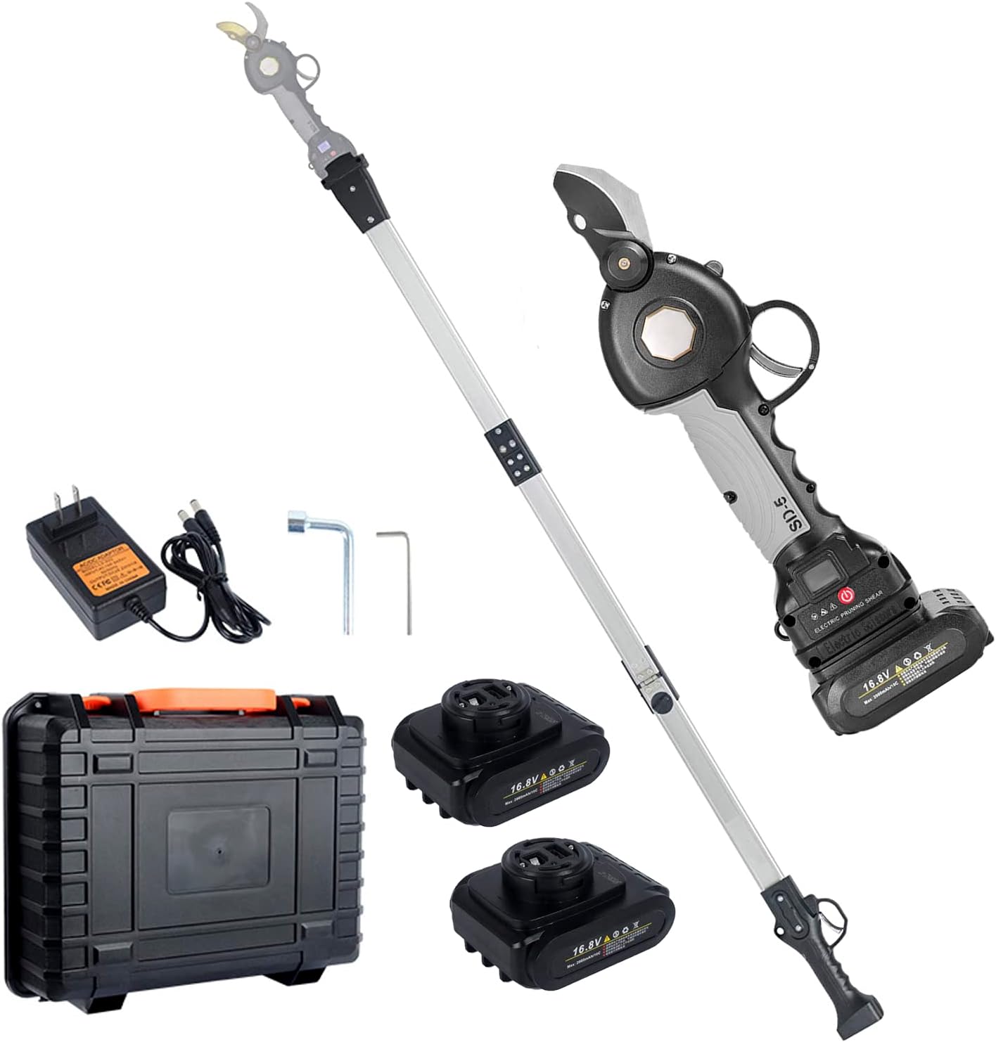 Cordless Pruning Shears with 190cm/75inch Foldable Pole, Brushless Electric Pruner with Dual-Action Blades, Professional Tree Branch Pruner for Gardening, 30mm/1.6Inch Cutting Diameter