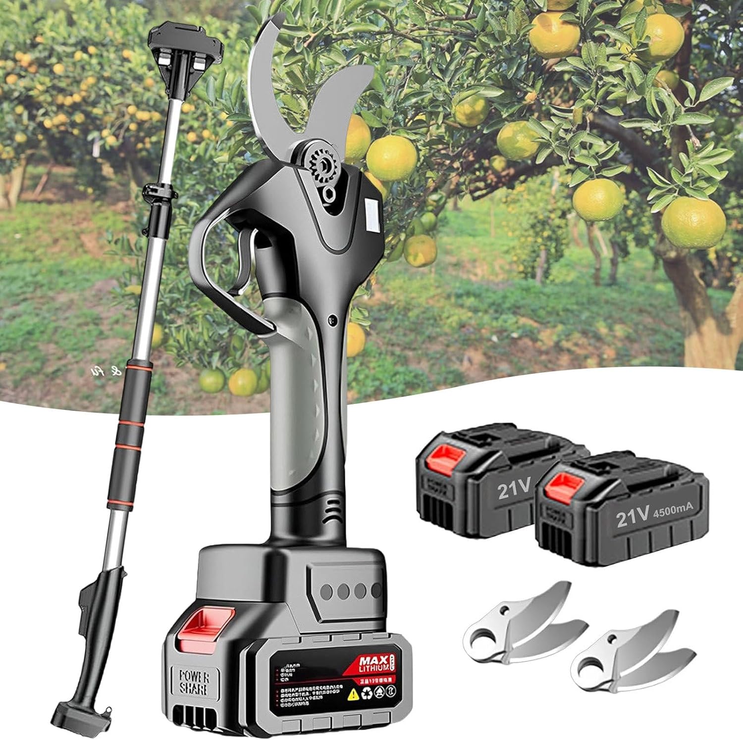 Cordless Electric Pruning Shears, 2×4.5Ah Battery, 4.3-6.9 Ft Pole, Digital Display, Brushless Motor, 50mm Tree Trimmer for Olive Trees, Shrubs & Fruit Branches