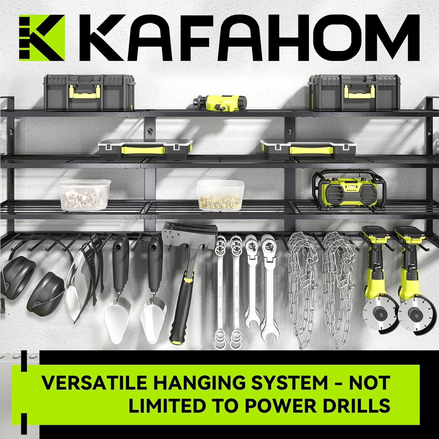 KAFAHOM Large Power Tool Organizer Wall Mount-13 Drill Holder for Garage,4 Layer Power Tool Rack,Tool Organizer and Storage with 2 New Accessories, Gifts Idea for Men Dad Husband