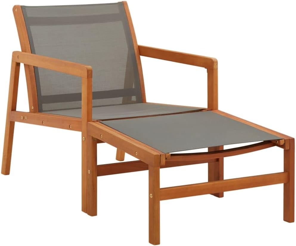 Patio Chair with Footrest Gray Solid Wood Eucalyptus and Textilene,Sturdy Eucalyptus Wood Lounge Chair with Adjustable Footrest for Outdoor Relaxation Outdoor Furniture, Outdoor Chairs