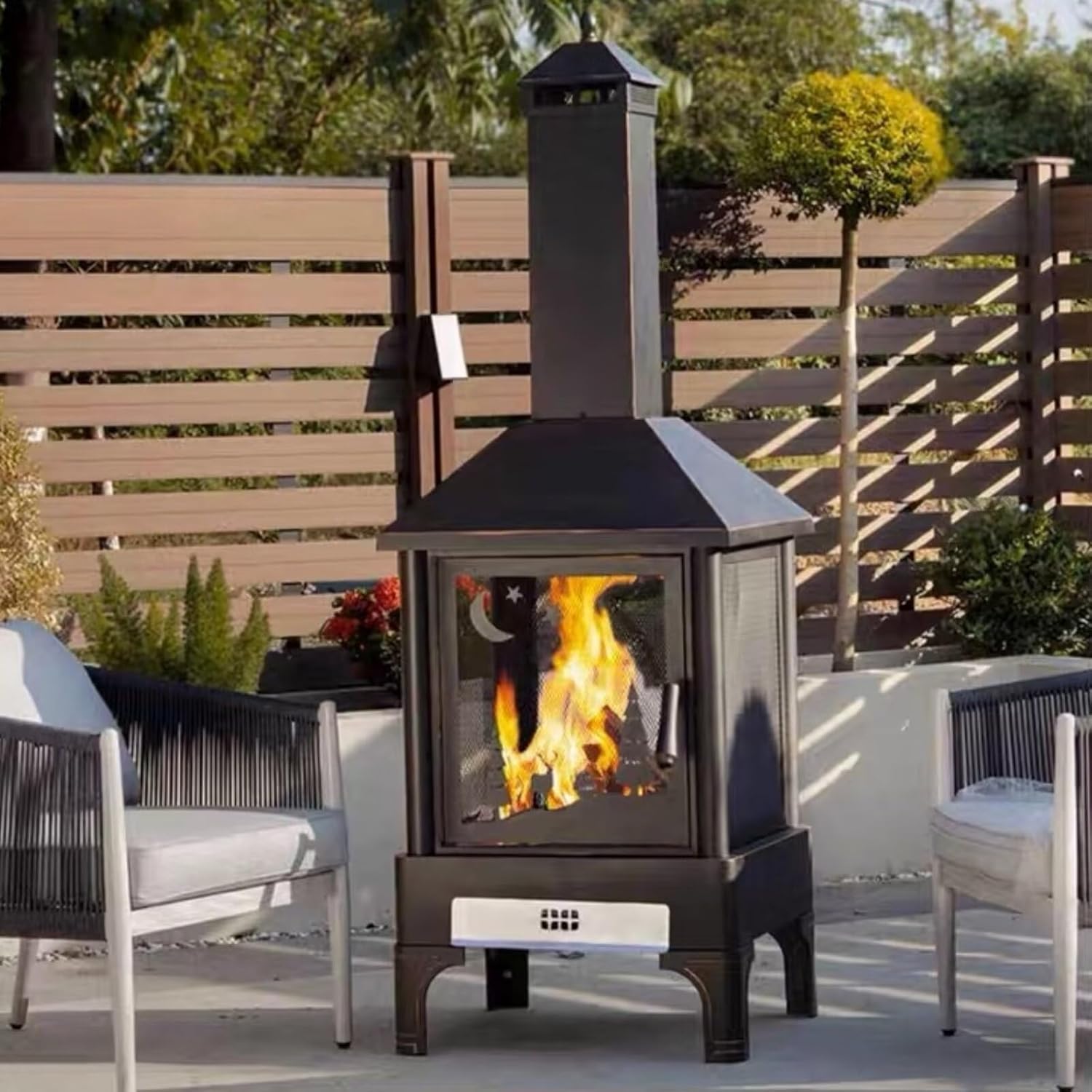 Outdoor Fire Pits 68.90IN (Dual-Purpose Grill & Heater) (Double-Layer Ash Tray) Extended Chimney, Exquisite Protective Net, Black Modern Simple Design