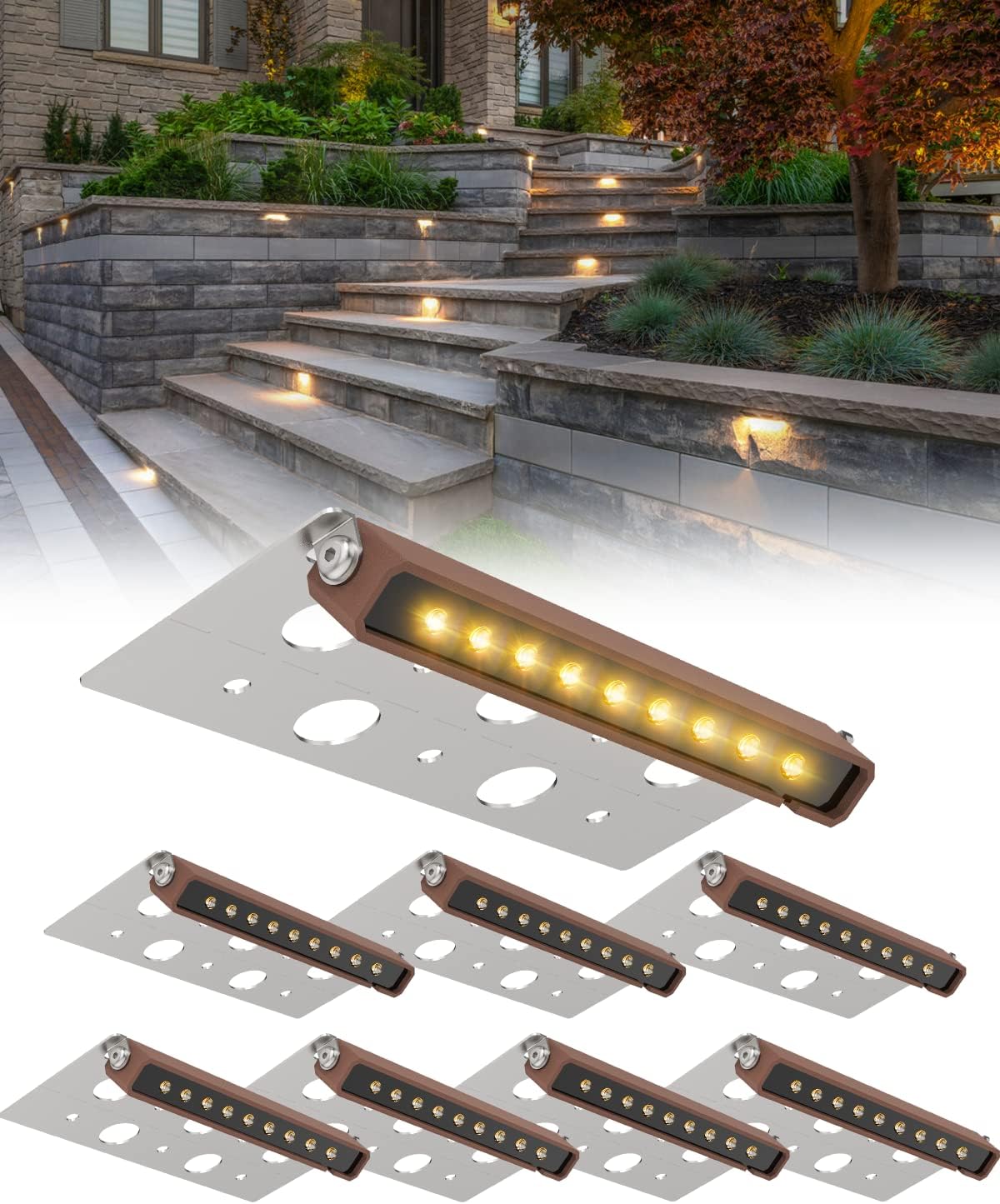 8-Pack 7 Inch LED Hardscape Lighting, Paver Lights Retaining Wall Lights, IP68 Waterproof, Low Voltage 12-36V AC/DC landscape lighting Outdoor Step Lights, 2700K Warm White, 40,000 Hours Lifespan