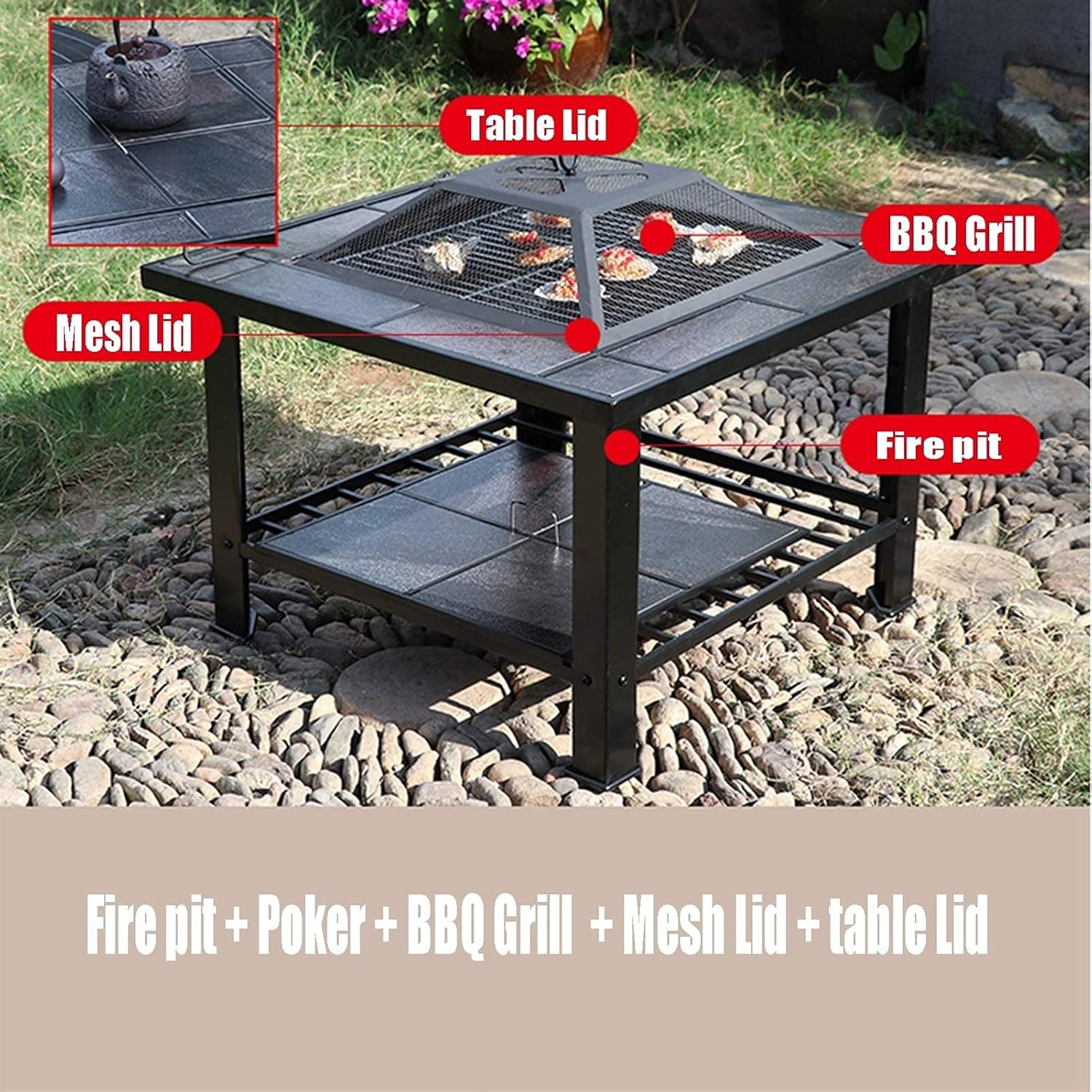 Garden Wood Burning Fire Pit Grill Table - 23“,Outdoor Wood Burning Fire Bowl with Spark Screen Cover