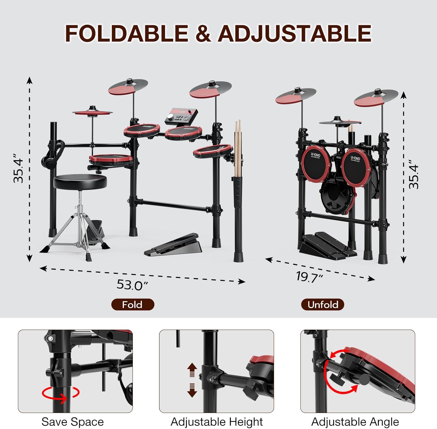 UMOMO UMD-771 Electric Drum Set, Electronic Drum Set With Mesh Electric Drum Pads, 225 Sounds, Drum Sticks, Headphones & Audio Cables, Stable Steel Frame, 15 Drum Kits, for Beginner, Red & Black
