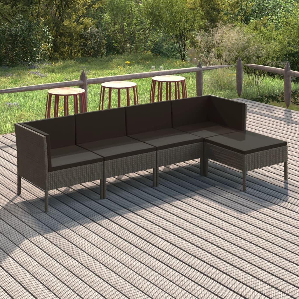5 Piece Patio Lounge Set with Cushions Poly Rattan Gray Garden Furniture
