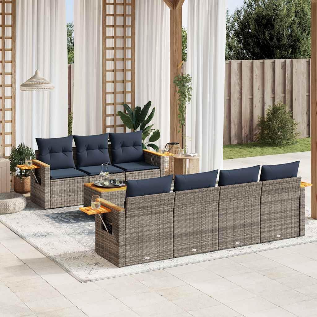 8 Piece Patio Sofa Set, Grey Poly Rattan Outdoor Furniture with Cushions, Acacia Wood Tabletop, Modular Design for Backyard, Terrace, Balcony