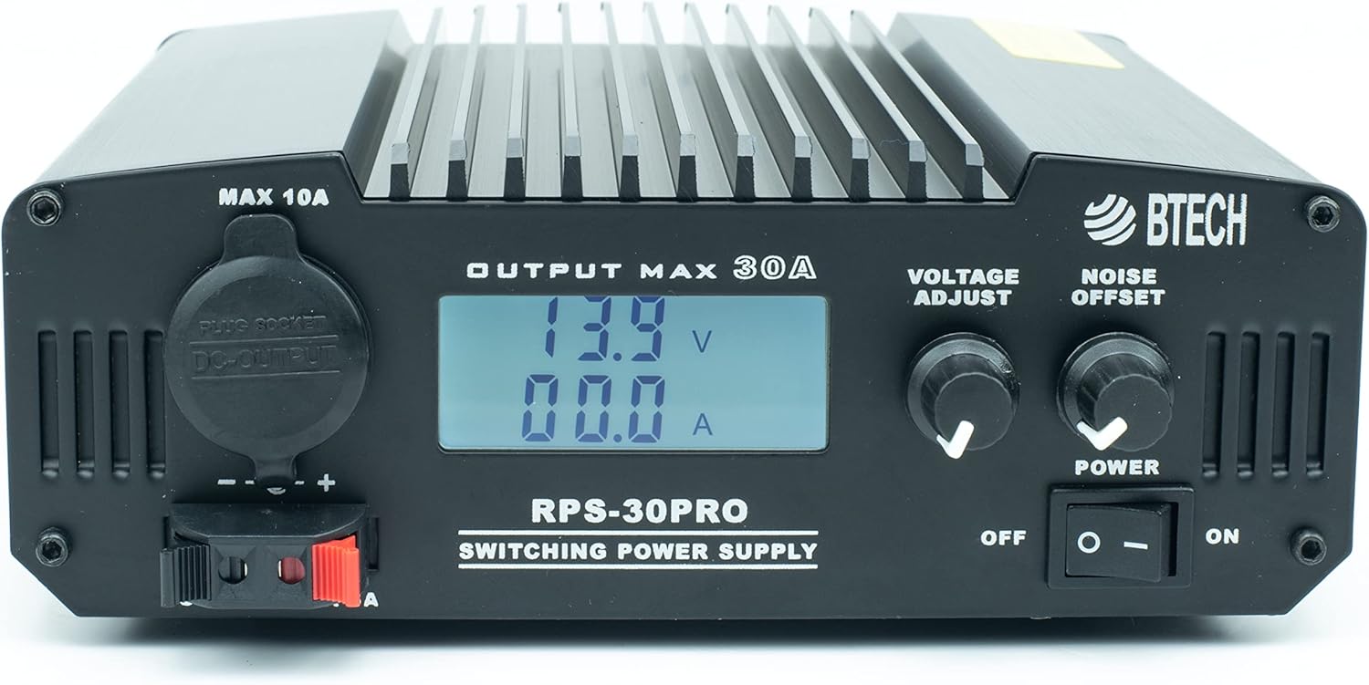 BTECH RPS-30PRO 30 Amp Regulated Universal Compact Bench Power Supply, AC-to-DC Power Convertor, 13.8V (9~15VDC Adjustable) with Noise Offset Adjustment, Includes Multiple Power Connections