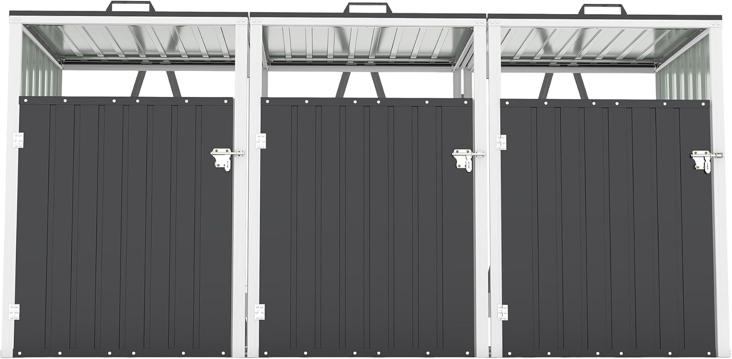Outdoor Galvanized Steel Trash Can Storage Shed with Pneumatic Support Rods, Lockable Doors & Waterproof Lid Chain – Ideal for Patio, Garden, Backyard (Dark Gray)