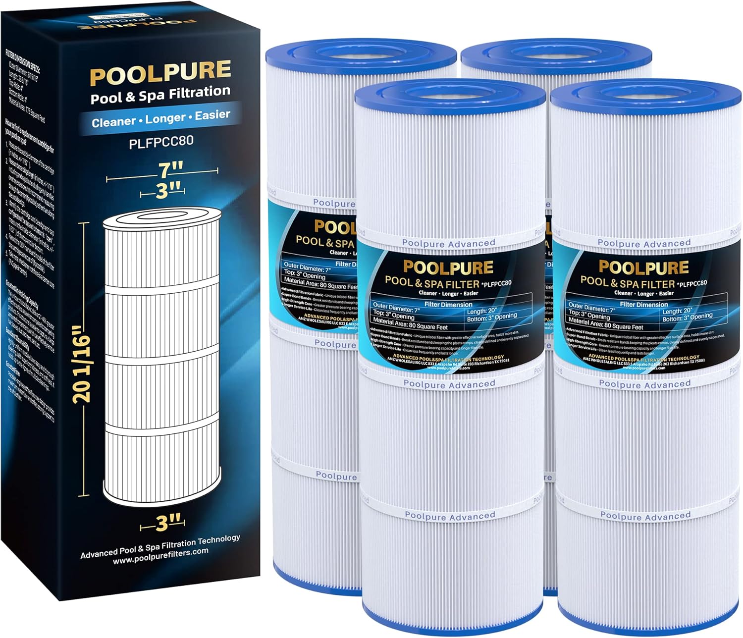 POOLPURE PLFPCC80 Pool Filter Replaces Pentair CCP320, Pleatco PCC80-PAK4, Ultral-A5, Unicel C-7470, R173573, Filbur FC-1976, 178580, 817-0081, Clean and Clear Plus 320, L x OD:20