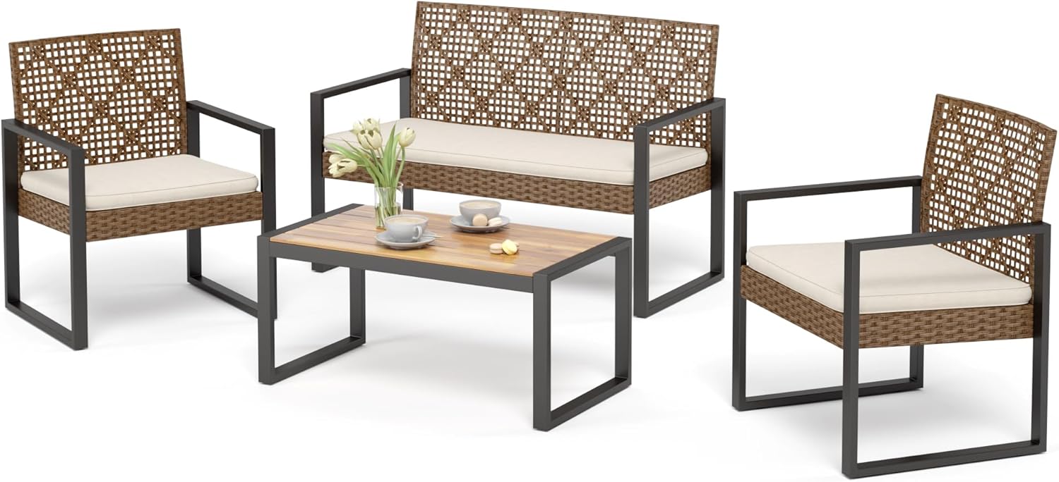 Sophia & William 4 Pieces Patio Conversation Set, Wicker Outdoor Furniture Set for 4, All Weather Outdoor Seating Set, Rattan Loveseat & Single Chairs with Cushions & Acacia Wood Coffee Table