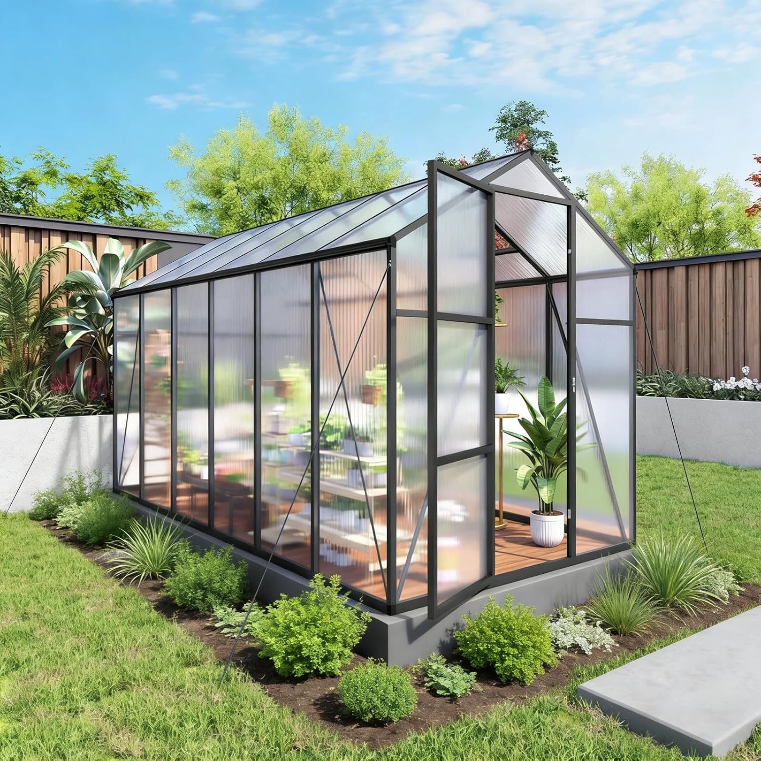 6x12 FT Greenhouse, Walk-in Outdoor Polycarbonate Garden Greenhouses with Aluminum Frame, 4mm PC Panels, Adjustable Roof Vents & Lockable Hinged Door for Backyard Growing, Black