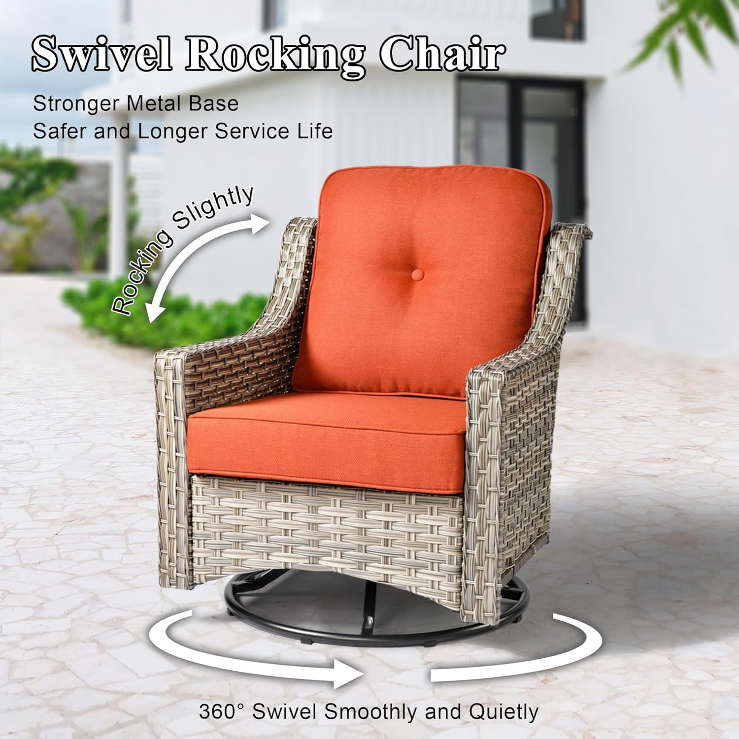Patio Furniture Set,6 Pieces Wicker Patio Furnitures with Outdoor Loveseat,Double-Deck Fire Pit Table,Swivel Rocking Chairs,All Weather Patio Conversation Sets,Bold Orange