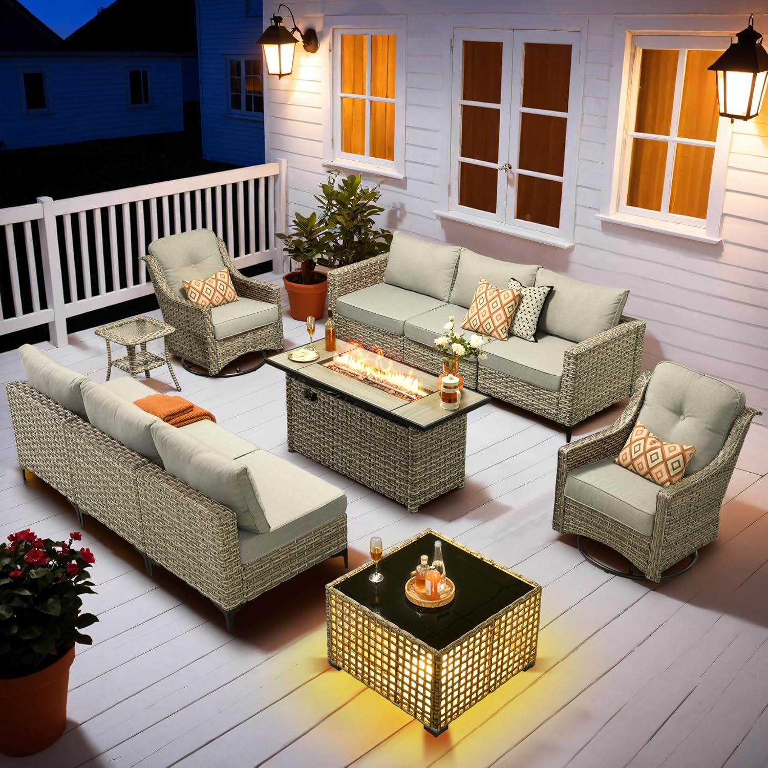HOOOWOOO Outdoor Patio Furniture Set with Fire Pit Table,11 Pieces Wicker Out Door Sectional Furniture L Shaped Couch,Outside Patio Conversation Swivel Chair Sets,Light Gray