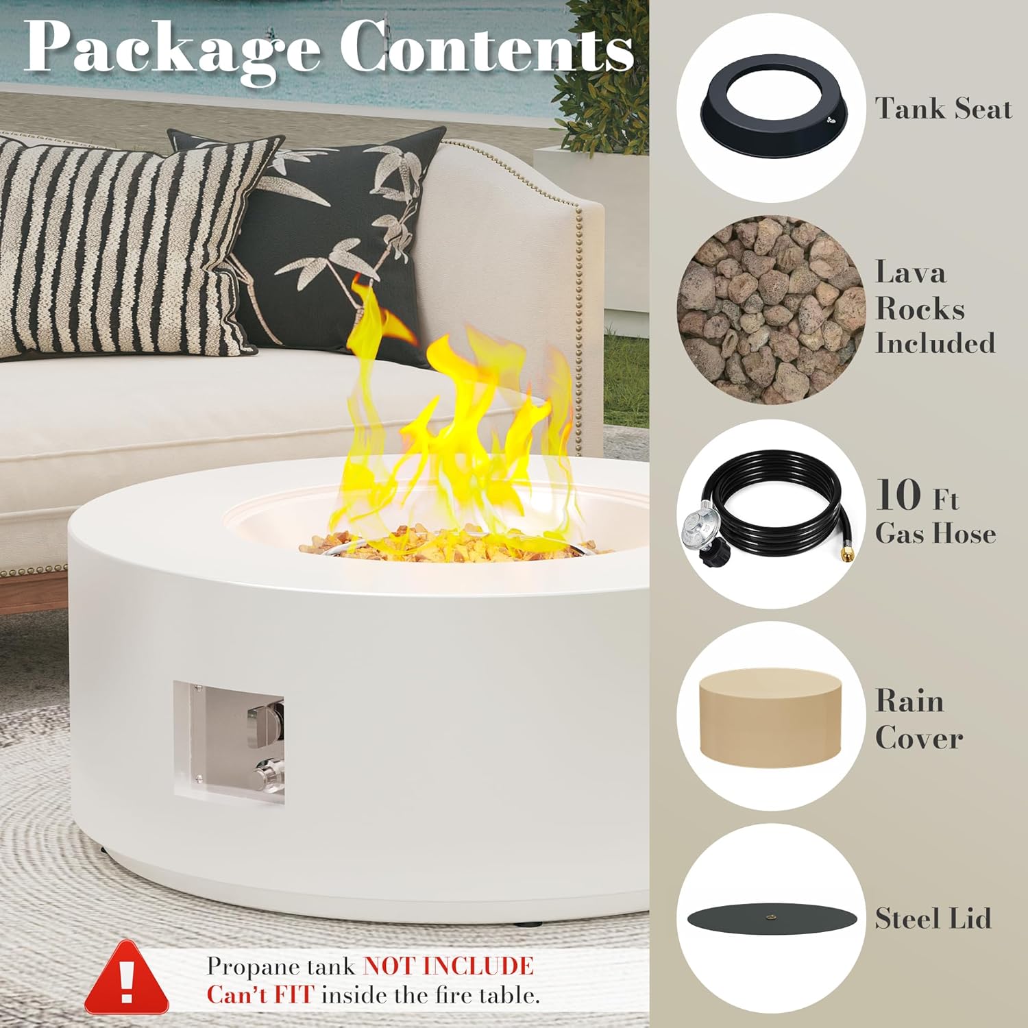 32.5 Inch Propane Fire Pit Table, 50,000 BTU Round Patio Fire Pit Table Outdoor, CSA Certified, Stainless Burner with Steel Lid, Waterproof Cover & Lava Rocks, for Backyard Garden, White