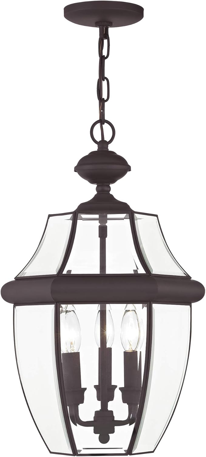 Livex Lighting 2355-07 Monterey 3 Light Outdoor Bronze Finish Solid Brass Hanging Lantern with Clear Beveled Glass